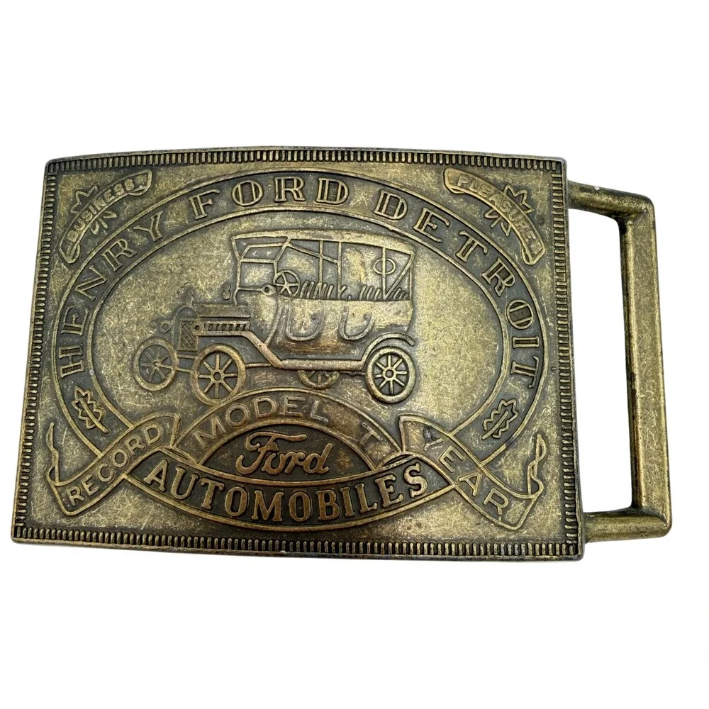 Vtg Henry Ford Detroit Model T Brass Record Year Retro Brass Belt Buckle Western